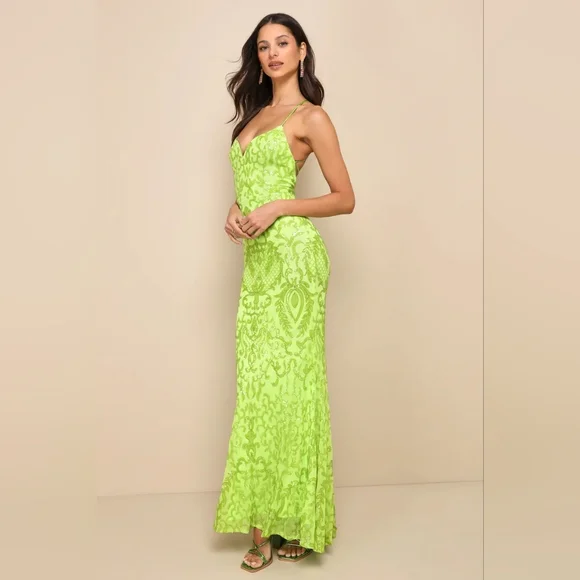 Lulus Limitless Glamour Lime Green Sequin Lace-Up Maxi Dress S Wedding Prom - Picture 3 of 12